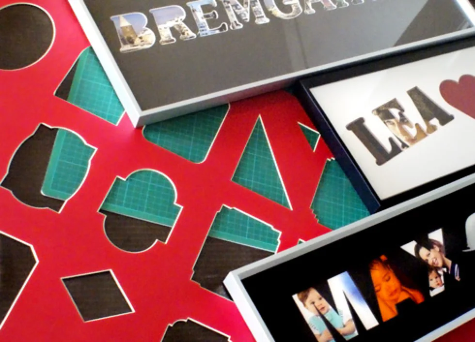 Passepartouts mit ausgeschnittenen Buchstaben: die Namen Lea und Max und das Wort Bremgarten, dazu ein Herz